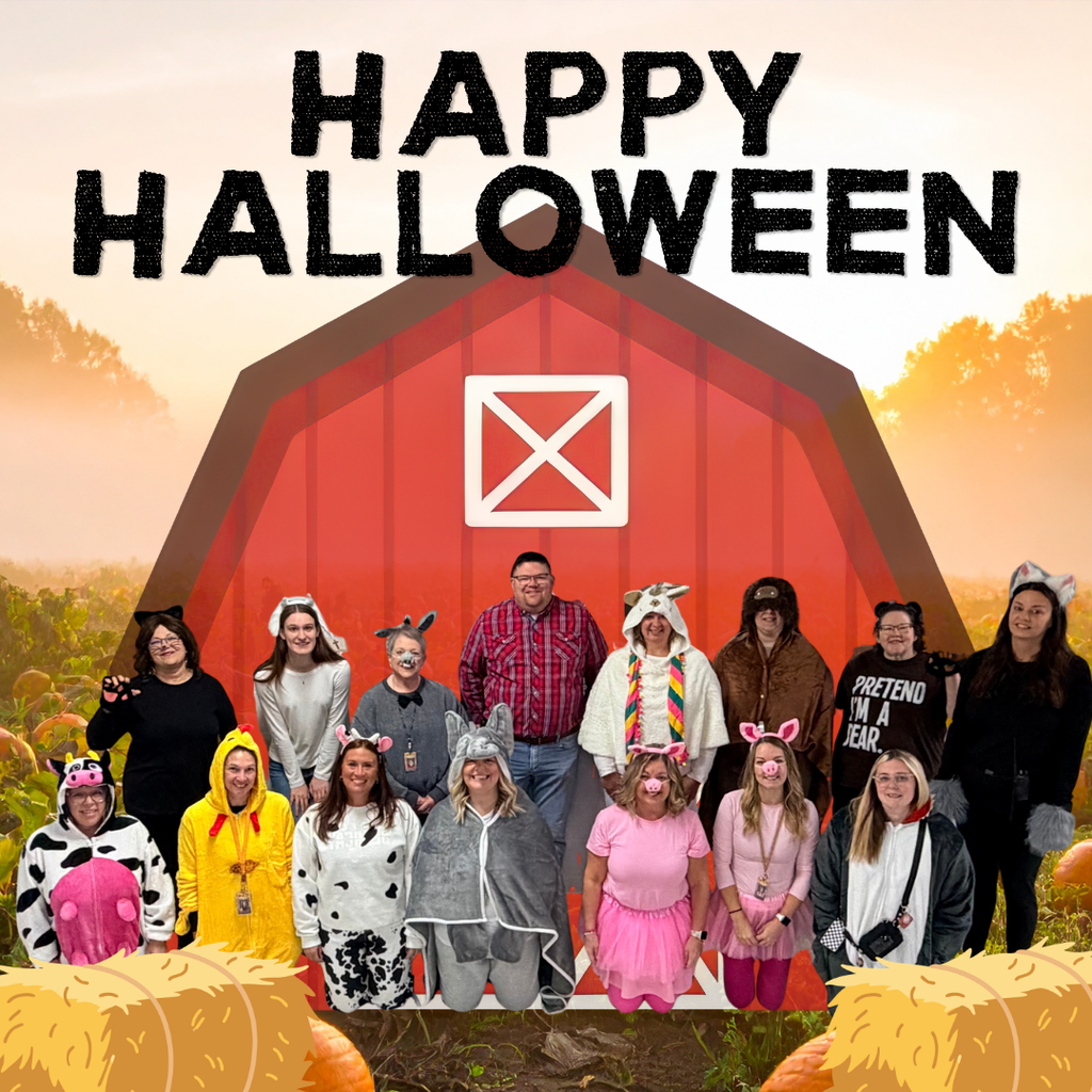 Happy Halloween Graphic with teachers in there farm yard costumes