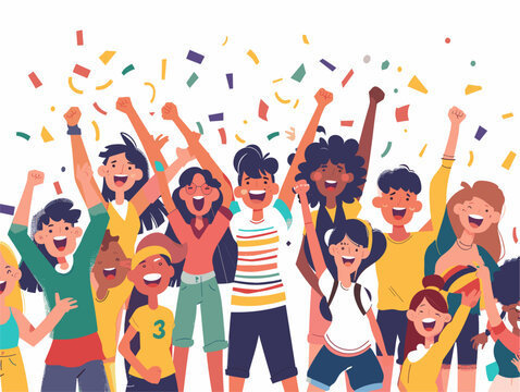 Graphic of people cheering, throwing confetti.