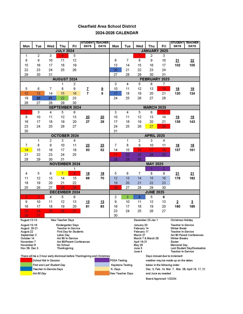 2024 2025 School Calendar Clearfield Area School District 2024 2025 School Calendar Clearfield Area School District