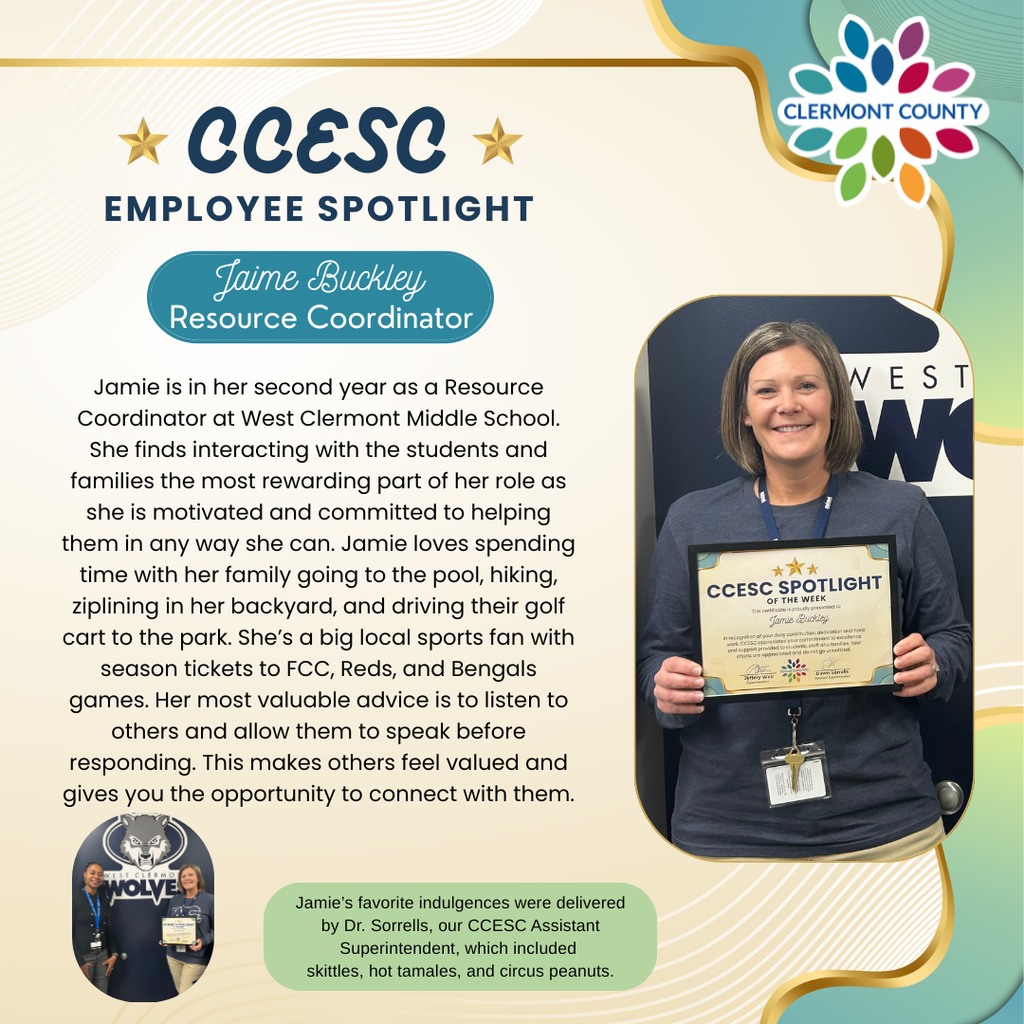 Congratulations to Jamie.  She is the CCESC Spotlight!! 