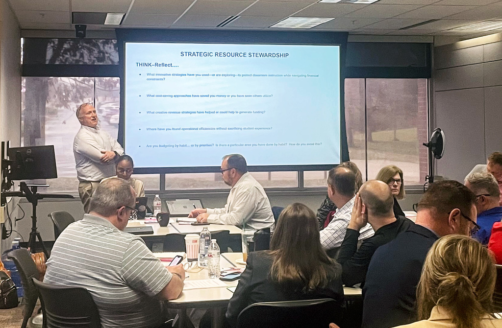 Darrel Edwards from Clermont County Educational Service Center presenting at the Clermont County Superintendent meeting.