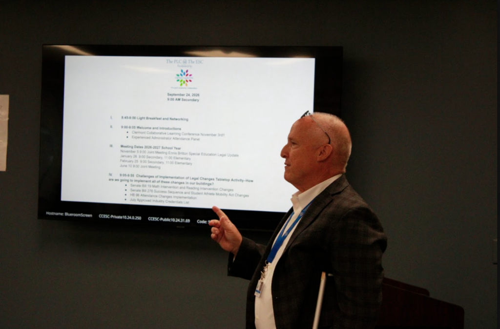 Clermont County ESC Leadership and Customer Support Liaison Darrell Edwards goes over the agenda for the 9/24/26 Principals Leadership Collaborative meeting. 