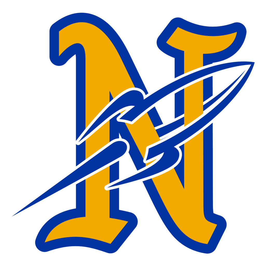 The image shows a sports-style logo on a light background. The main design consists of large gold letters with a dark navy-blue outline, appearing to form stylized “N” shape. A white/silver rocket-like swoosh cuts diagonally across the letters from the lower left toward the upper right. The swoosh is outlined in navy blue and has a pointed, aerodynamic shape, giving the logo a sense of speed and motion. The overall color scheme is gold, navy blue, and white/silver. The design has a bold, athletic appearance, resembling a high-school or collegiate sports team emblem.
