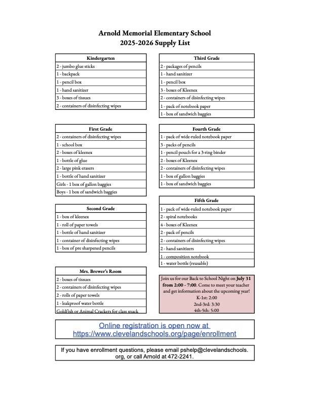 Arnold Supply List 2025-2026