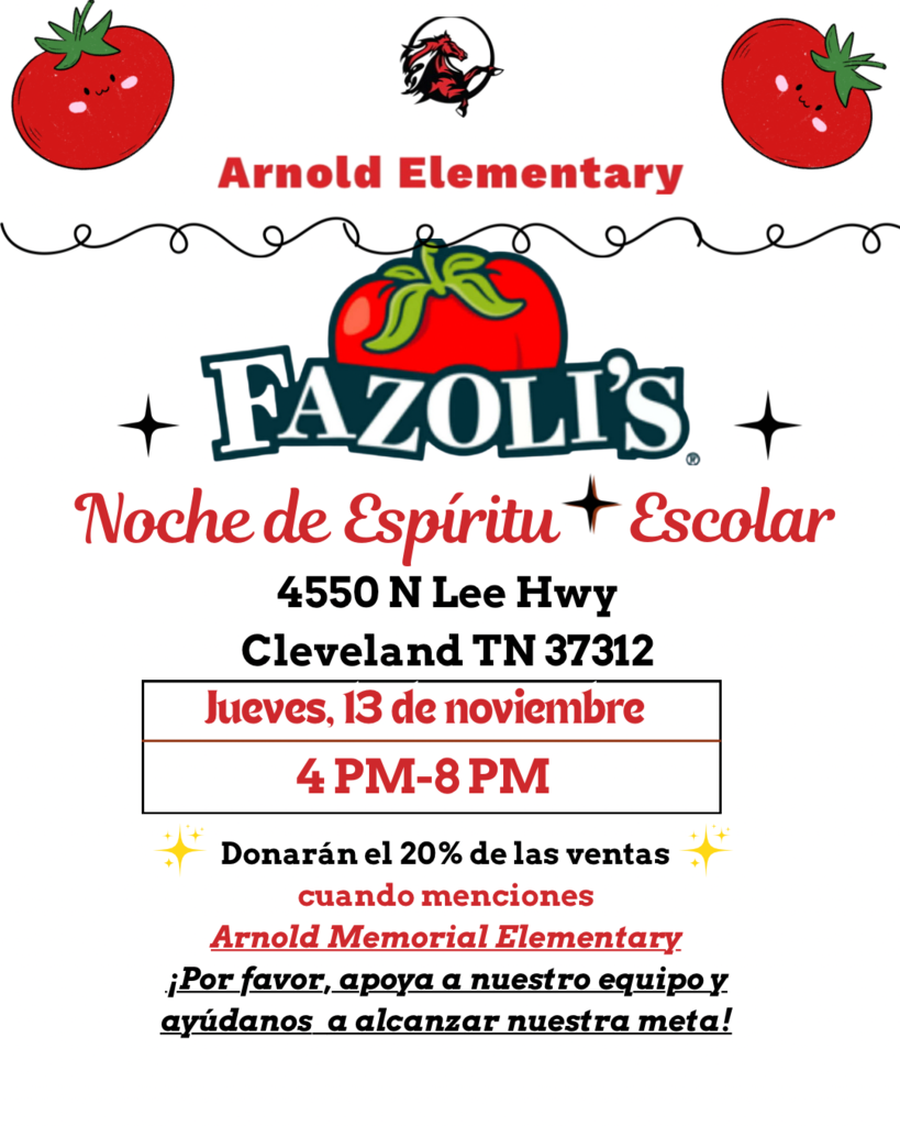 Arnold Families,  Tomorrow night, Arnold will have a Spirit Night at Fazoli's! Please help support our school's fundraising goal for new playground equipment by eating at Fazoli's tomorrow. You can go between 4:00 PM and 8:00 PM. Tell them you are there for the Arnold Memorial Elementary Spirit Night, and 20% of your order will be donated to our school! We hope you will join us tomorrow night at Fazoli's from 4:00 - 8:00.  Arnold Memorial Elementary School - We Are The One!
