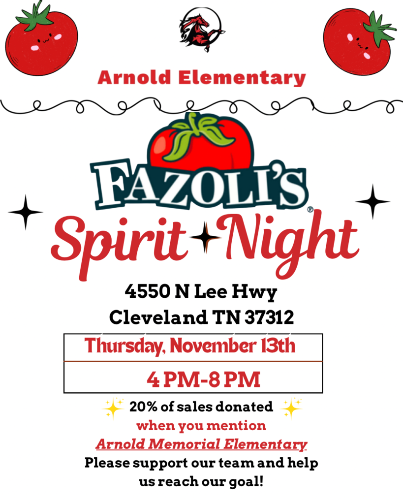 Arnold Families,  Tomorrow night, Arnold will have a Spirit Night at Fazoli's! Please help support our school's fundraising goal for new playground equipment by eating at Fazoli's tomorrow. You can go between 4:00 PM and 8:00 PM. Tell them you are there for the Arnold Memorial Elementary Spirit Night, and 20% of your order will be donated to our school! We hope you will join us tomorrow night at Fazoli's from 4:00 - 8:00.  Arnold Memorial Elementary School - We Are The One!