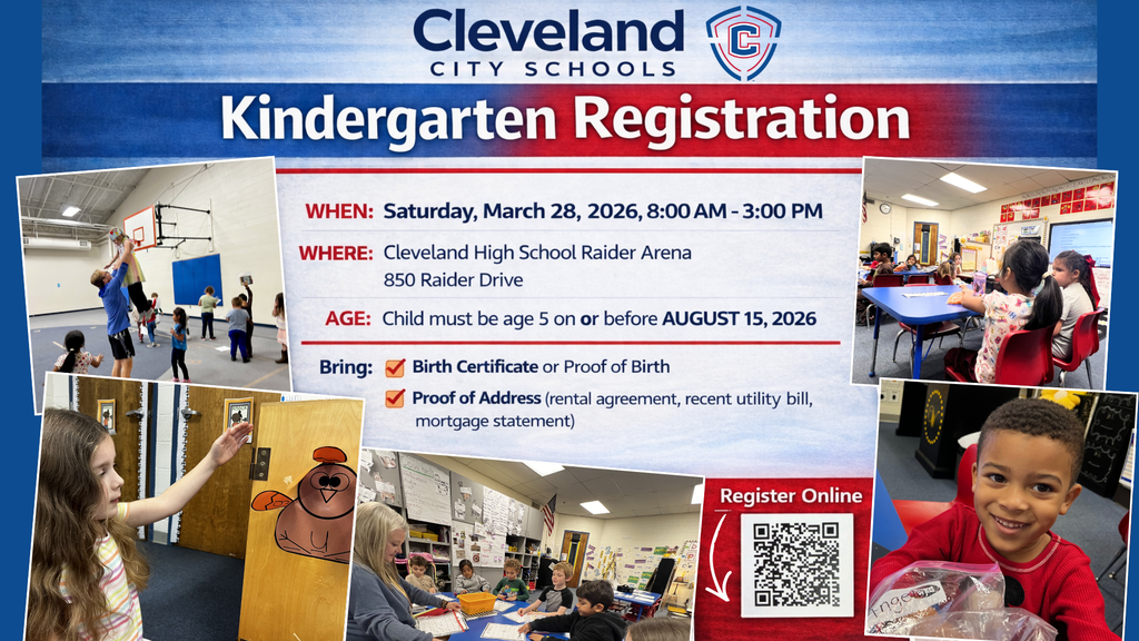 🎒 This Saturday is the day.  Kindergarten Registration for Cleveland City Schools is happening March 28 from 8:00 AM to 3:00 PM at Raider Arena, and we cannot wait to welcome our newest students and families.  If your child will be starting kindergarten this fall, now is the time to take the next step.  Begin the enrollment process today at clevelandschools.org  We will see you Saturday.  #BuildingChampions #BuildingCommunity #ChooseCleveland
