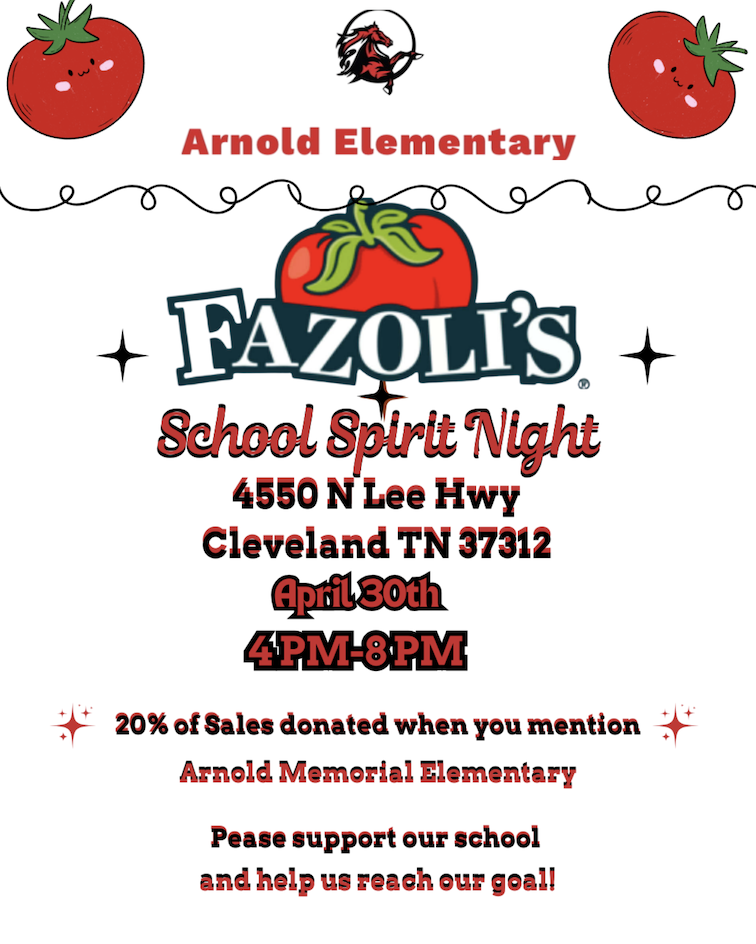 Fazoli's Spirit Night for Arnold on Thursday from 4-8 pm