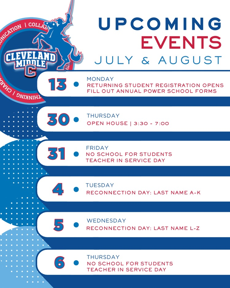 Cleveland Middle School upcoming events calendar