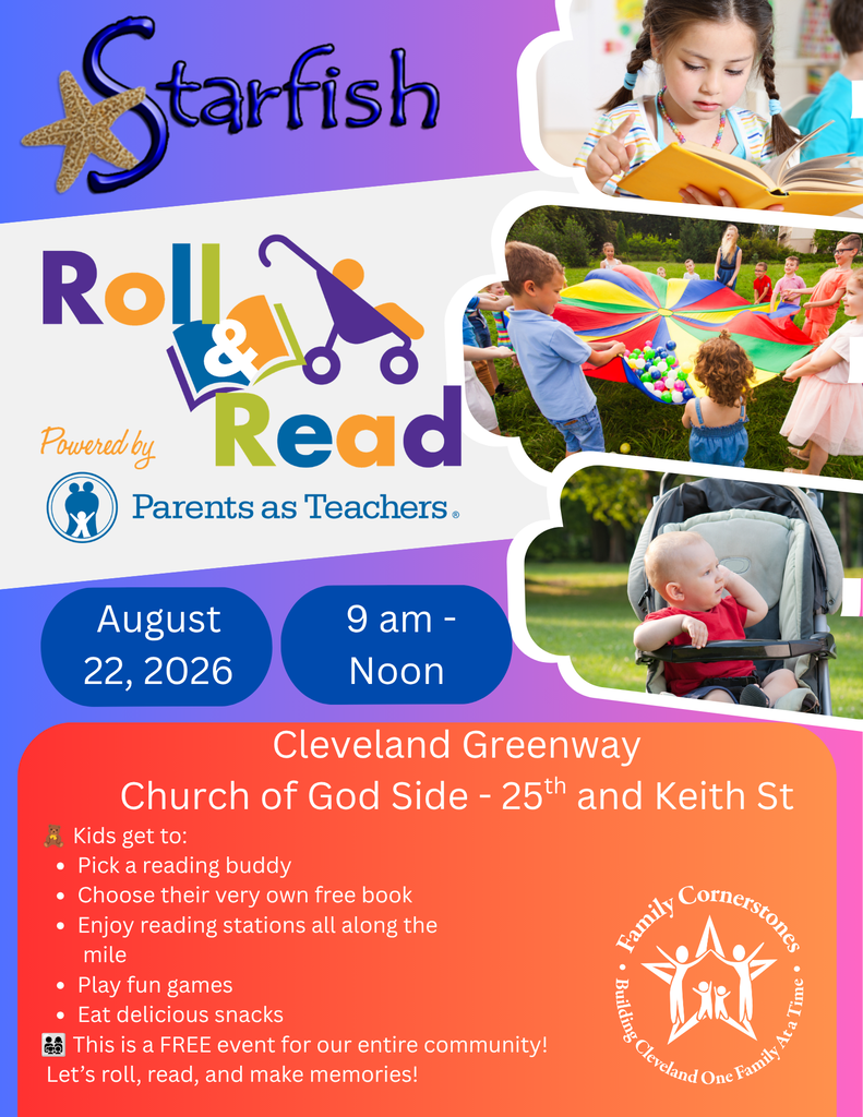 π Roll & Read is this Saturday! Elementary families are invited to the 15th Annual Roll & Read on Saturday, August 22, from 9 a.m.βnoon at the Cleveland Greenway, Church of God side at 25th and Keith Street. This FREE community event includes free books, reading buddies, reading stations, games, snacks and plenty of family fun. We hope our CCS families will come out and enjoy a morning of reading and making memories together!