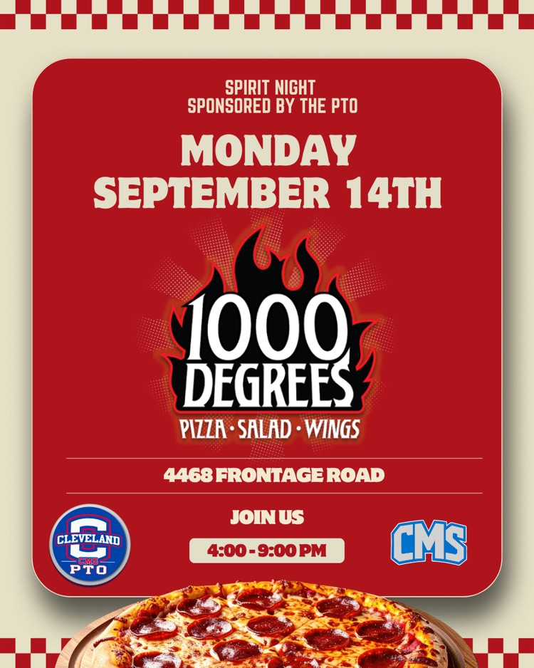Monday, September 14th 1000 Degrees Pizza hosts Spirit Night sponsored by the CMS PTO