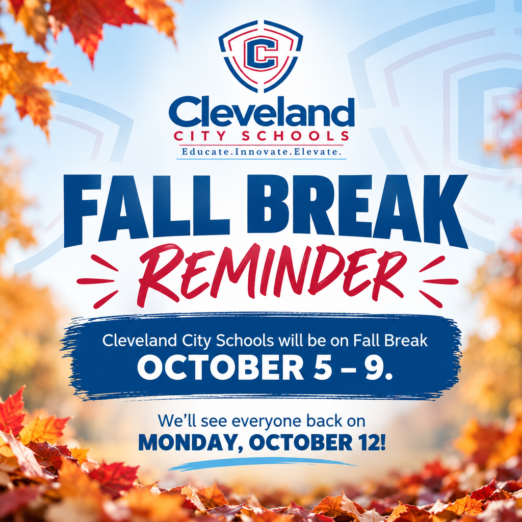 Flyer with "Fall Break Reminder" text. Dates: October 5 - 9. Background shows autumn leaves.