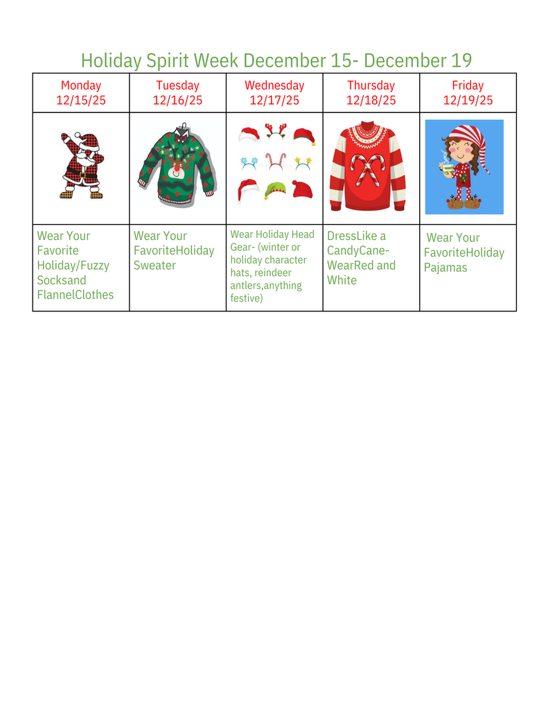 Holiday Spirit Week 12/15-12/19