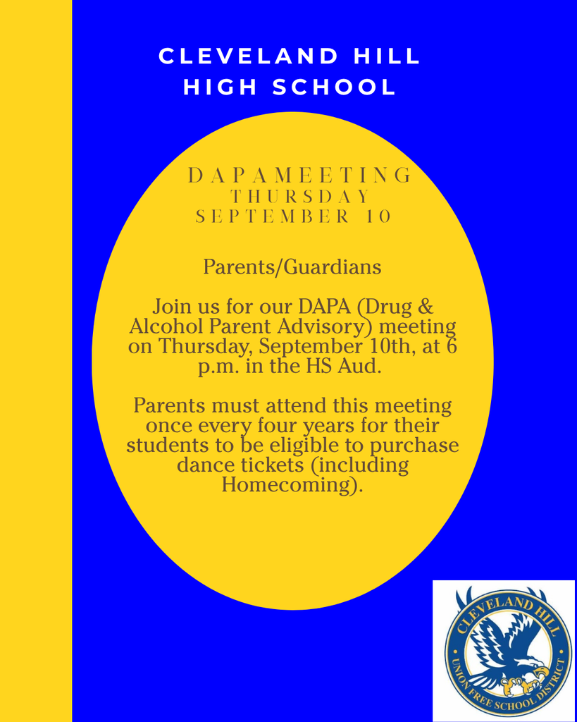 Cleveland Hill HS Flyer: Drug and Alcohol prevention meeting scheduled for September 10, 2026 at 6PM