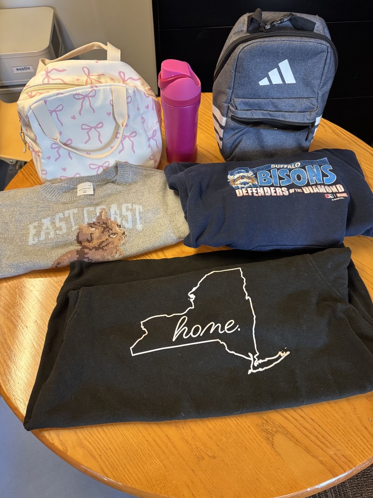 Picture of two lunch boxes, one pink water bottle, and three sweatshirts