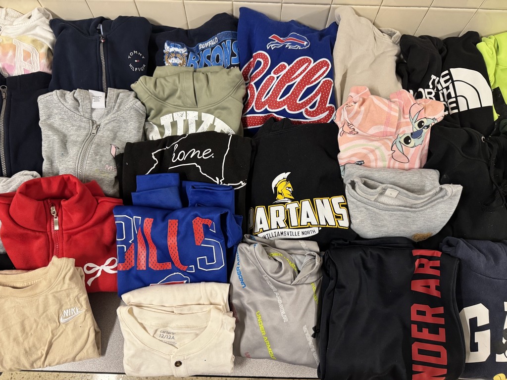 Five zipper sweatshirts, twelve non-zipper sweatshirts, two long sleeve t-shirts, and a pair of sweatpants in lost and found.