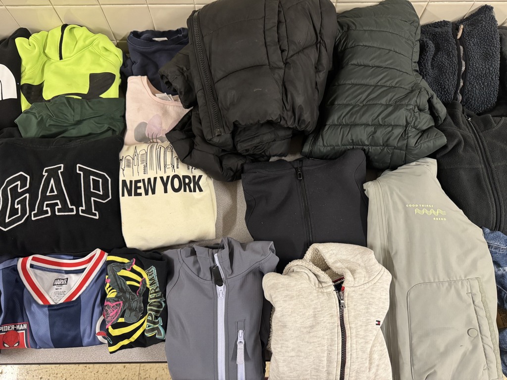 six sweatshirts, two t-shirts, and eight jackets in lost and founf