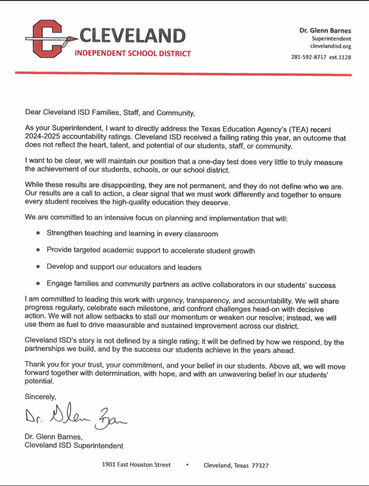 Superiintendent letter