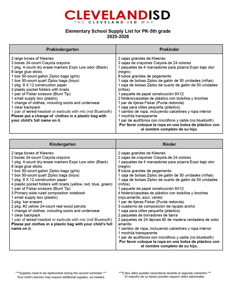 Elementary supply list 