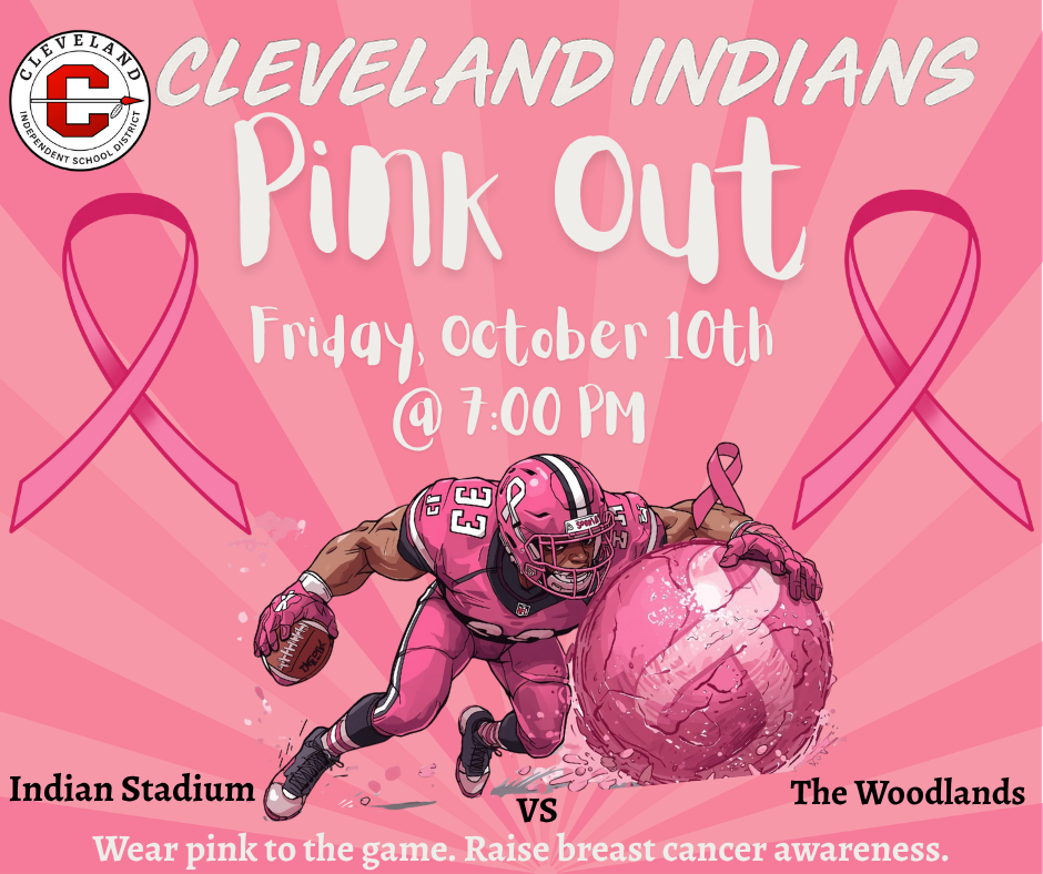 Pink out flyer advertising breast cancer awareness with a football player fighting cancer. English Version