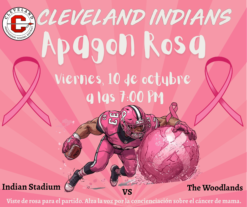 Pink out flyer advertising breast cancer awareness with a football player fighting cancer. Spanish Version
