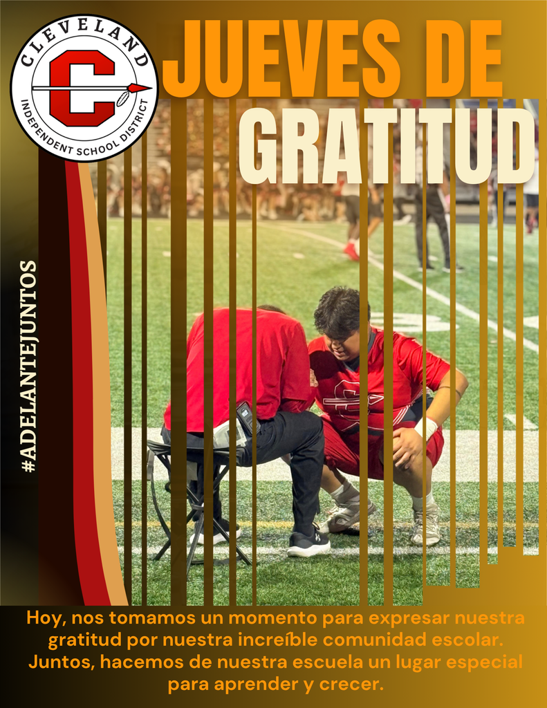 Thankful Thursday Flyer with brown, gold, and red tones with a picture from a football game. Spanish Version