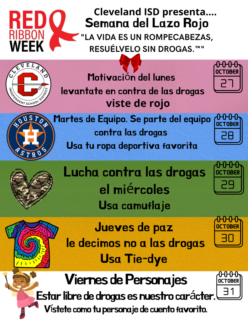 Flyer celebrating red ribbon week with dress up days Spanish