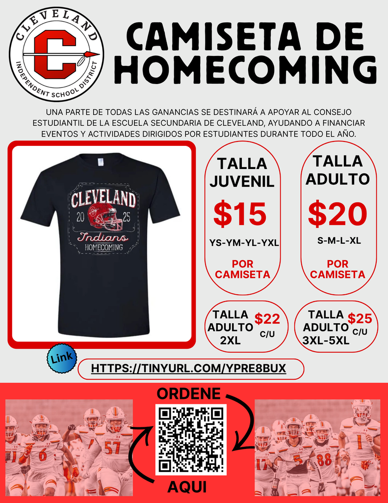 A bold, eye-catching flyer promoting Cleveland High School's Homecoming T-shirt sale, designed in school colors red and white to highlight school spirit. Spanish version