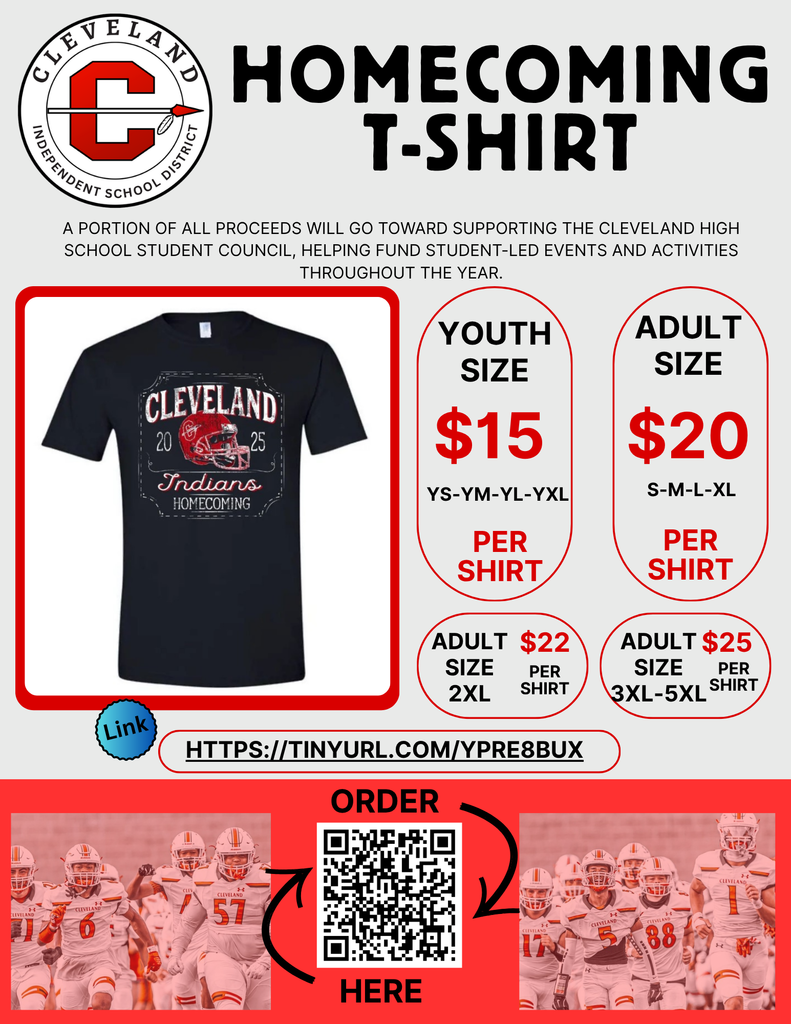 A bold, eye-catching flyer promoting Cleveland High School's Homecoming T-shirt sale, designed in school colors red and white to highlight school spirit.