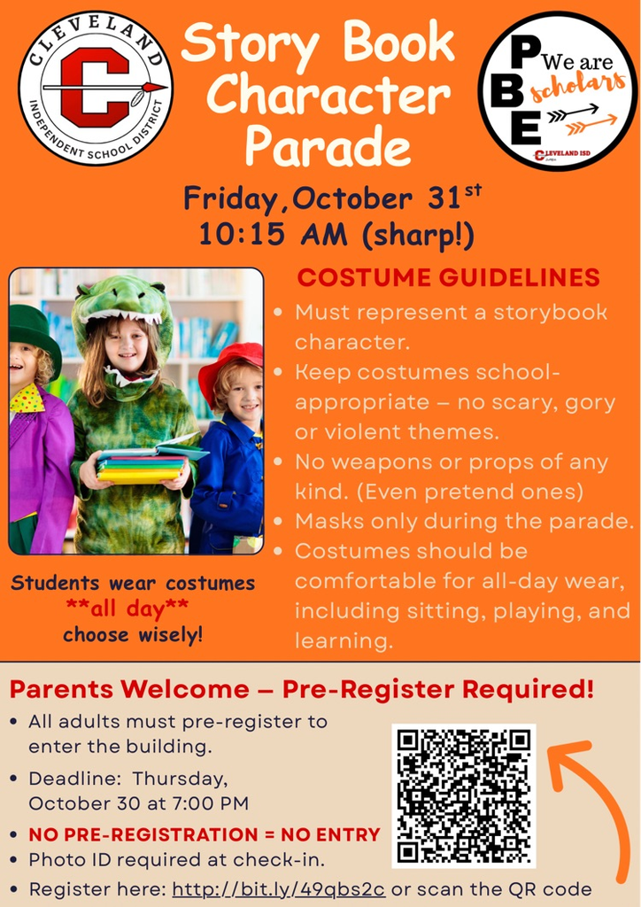 Invitation to Story Book character parade at 10:15 on Oct 31
