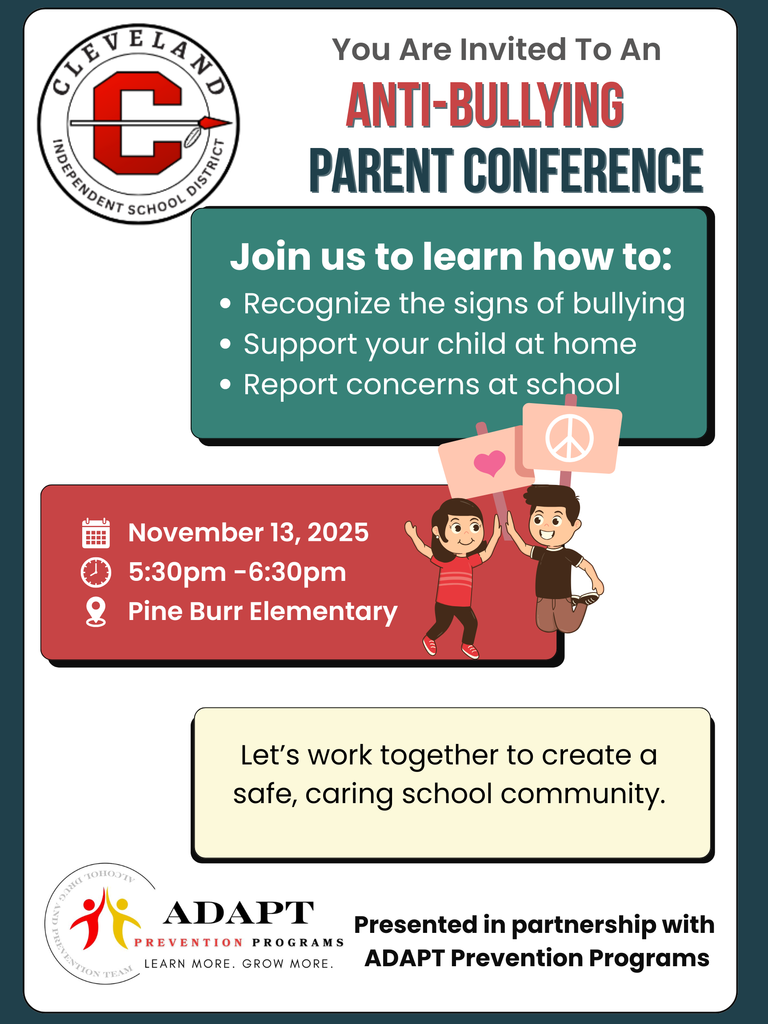 Invitation to attent the anti bullying oarent conference on Nov 13 at 5:30. Location Pine Burr Elementary