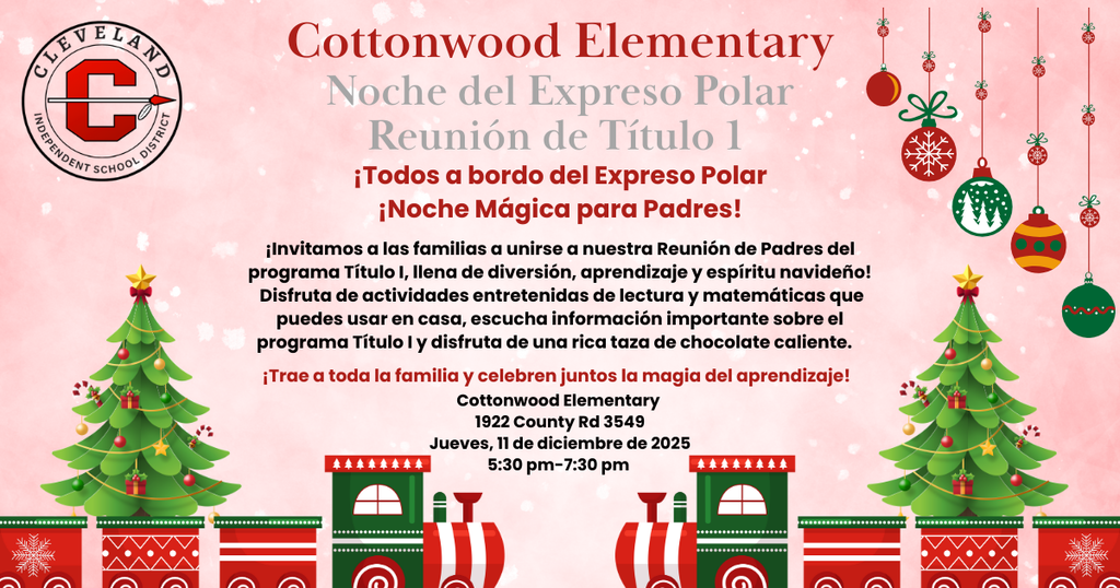 Cottonwood Elementary Polar Express flyer with Title 1 Meeting - Spanish