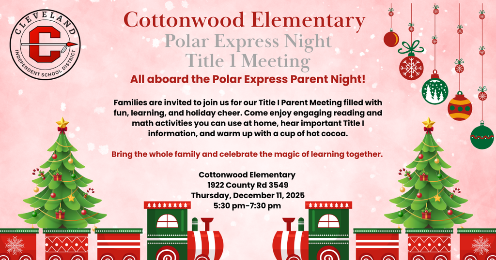 Cottonwood Elementary Polar Express flyer with Title 1 Meeting - English