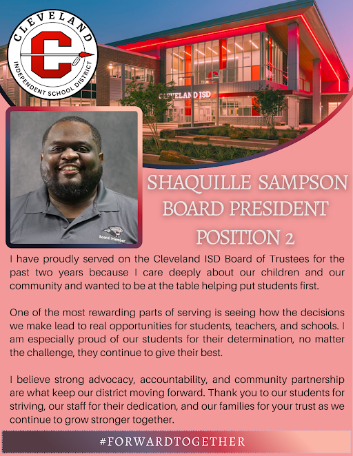 CISD recorgizes Shaq Sampson for Trustee board appreciate with CISD logo and CISD admin buidling images 
