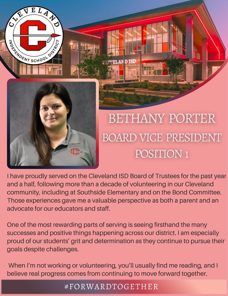 Flyer recognizing CISD Board Member Bethany Porter, Cleveland ISD Logo in top left corner and an image of the CISD Admin. building