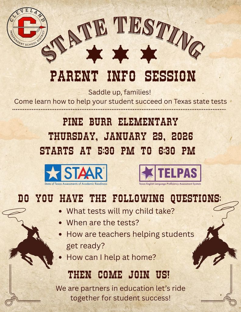 State Testing Parent Info session Flyer inviting parents to attend Thurs January 29, 26 from 5:30-6:30