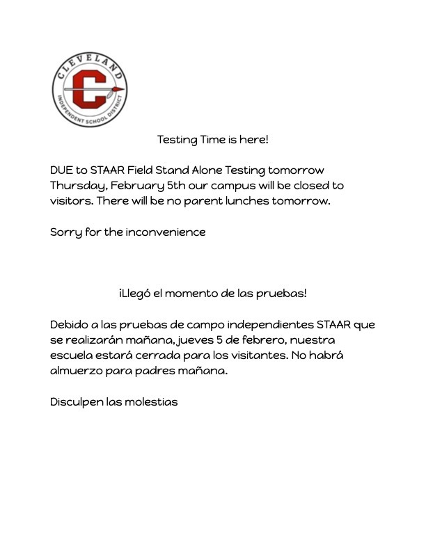STAAR field test notice that campus will be closed for visitors