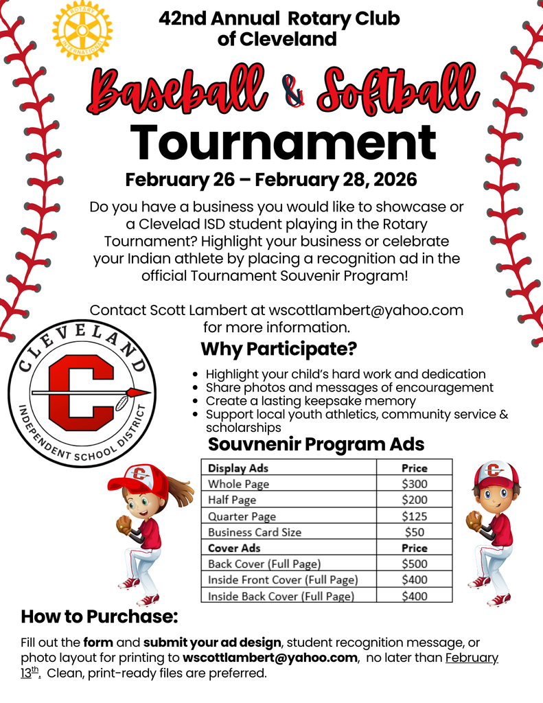 An event flyer features a baseball theme with red stitching and a logo. It advertises the 42nd Annual Rotary Club of Cleveland Baseball & Softball Tournament.