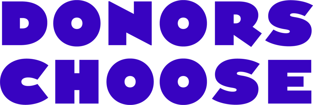 Blue text reads "DONORS CHOOSE" on a black background. The text is pixelated.