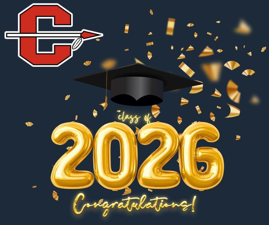 Blue background with a logo and "Class of 2026" in gold. A graduation cap with gold confetti.
