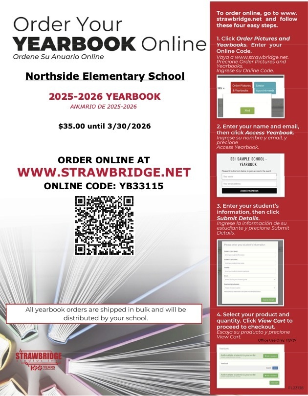 A yearbook advertisement features a black-and-white QR code, a webpage screenshot, and instructions on how to order.