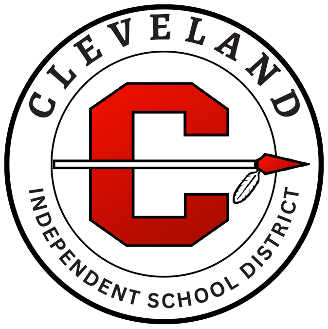 A black background displays the Cleveland Independent School District logo. It features a red "C" with a red arrow below, surrounded by white text.