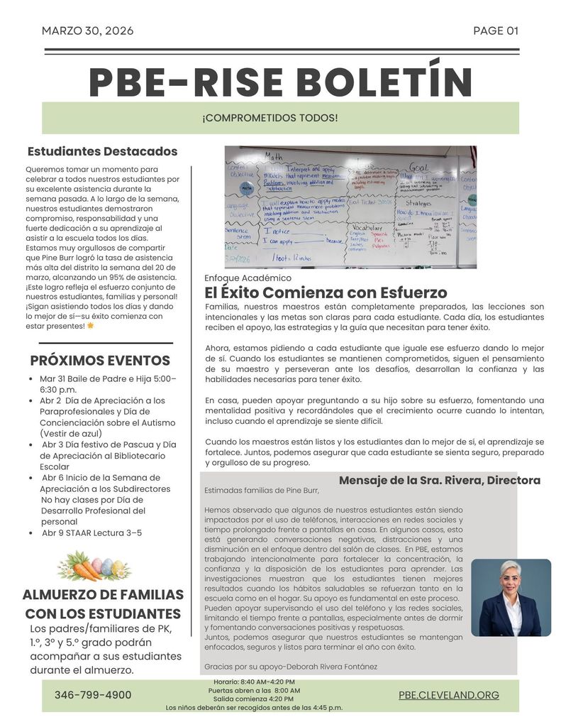 A newsletter page with the title "PBE-RISE BOLETÍN". It has sections on "Estudiantes Destacados", "Próximos Eventos", and "Almuerzo de Familias con los Estudiantes".