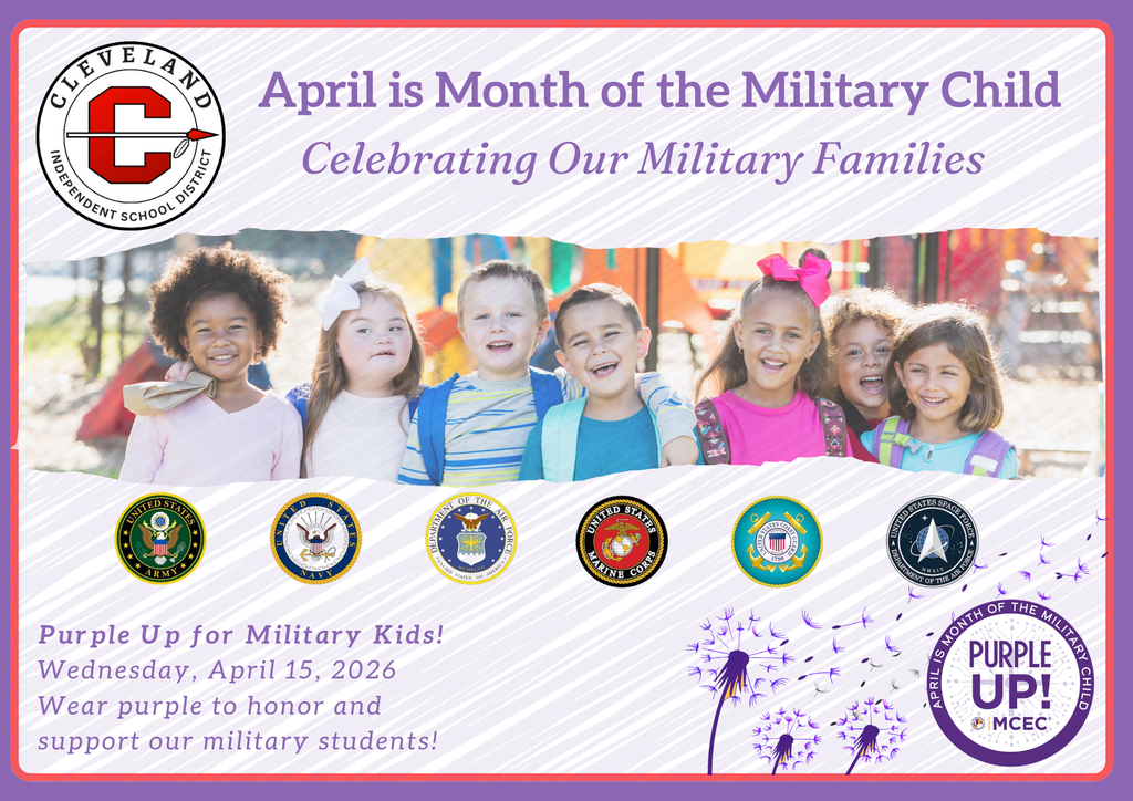 An advertisement for April as the Month of the Military Child. Children in school uniforms are smiling.