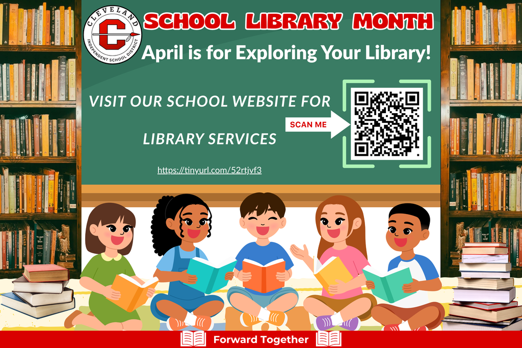 Advertisement for School Library Month, featuring a blackboard, QR code, and children reading books. A library filled with shelves in the background.