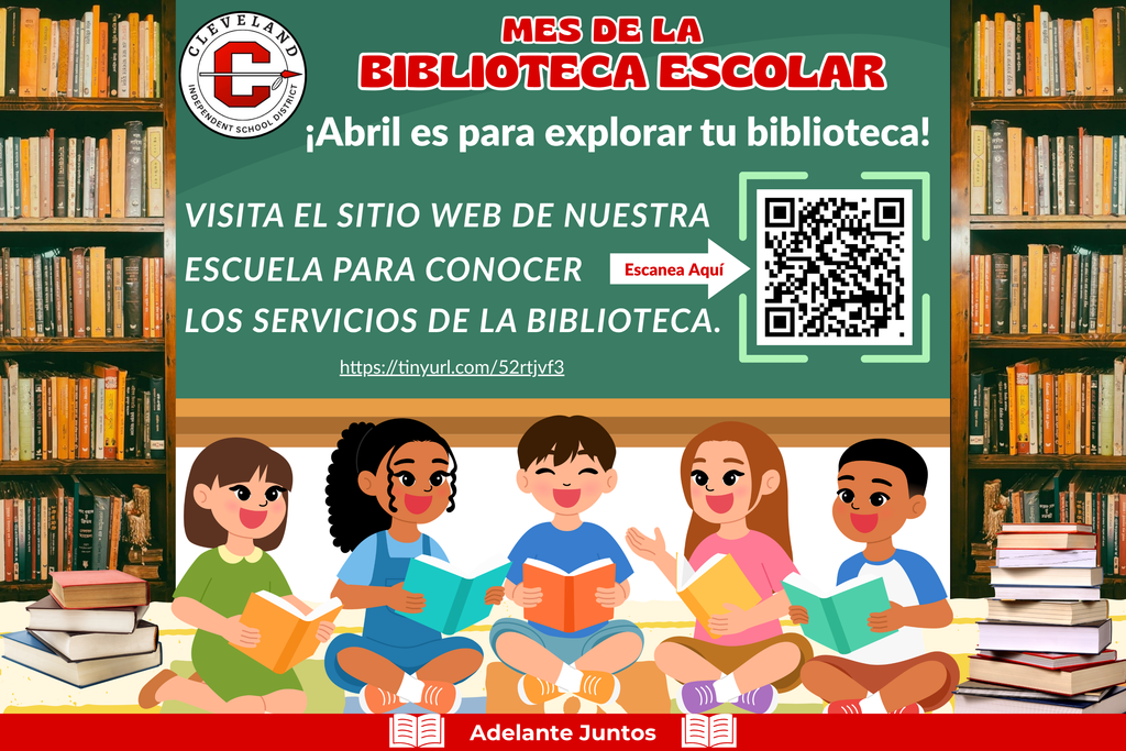 An illustration of children seated, holding books, with shelves of books in the background. A green chalkboard displays the text "Mes de la Biblioteca Escolar" and a QR code.