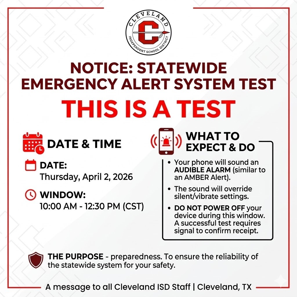 An official notice for the Cleveland ISD. It is about a statewide emergency alert system test.