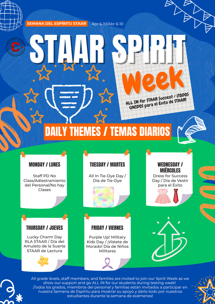 A poster titled "STAAR Spirit Week" with themes for each day, from Monday to Friday. Themes include Tie-Dye Day, Lucky Charm Day, and Kids' Day.