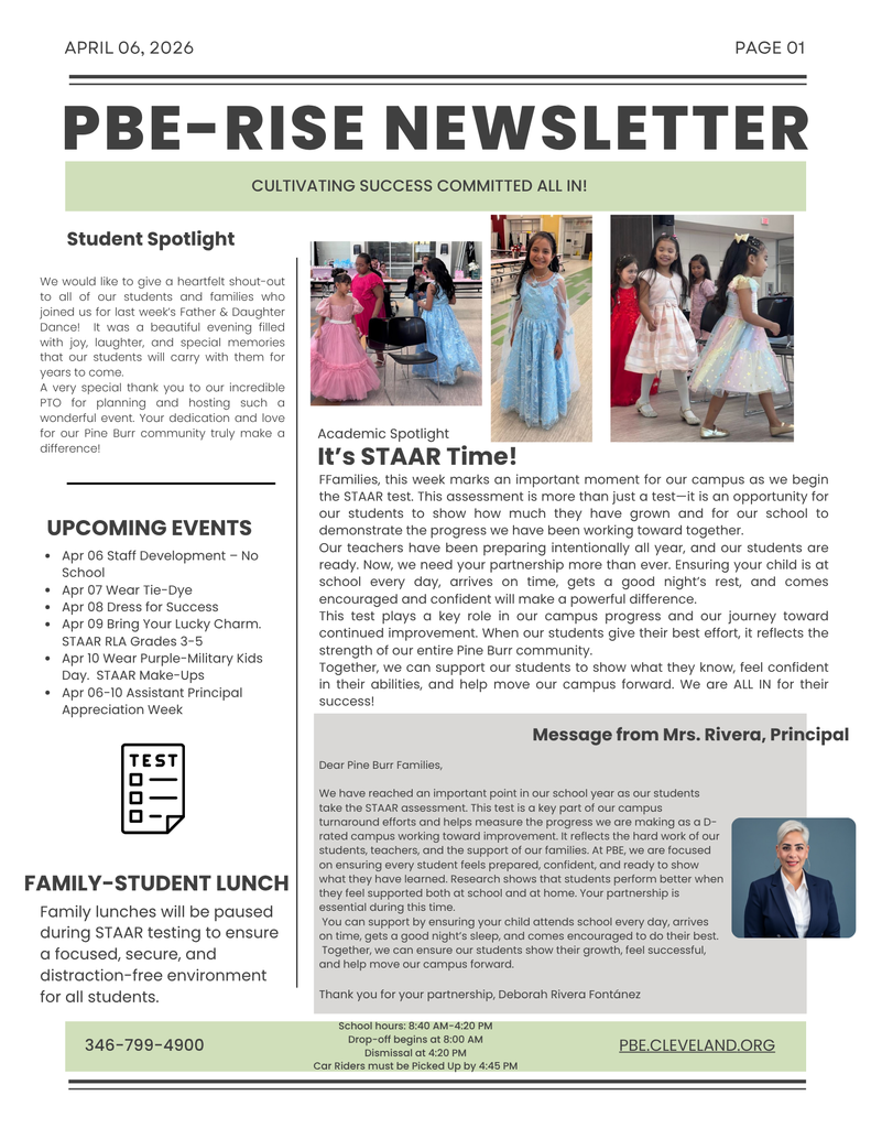 Newsletter page with "PBE-RISE NEWSLETTER" header, text, photos of children in dresses, and a principal's message.
