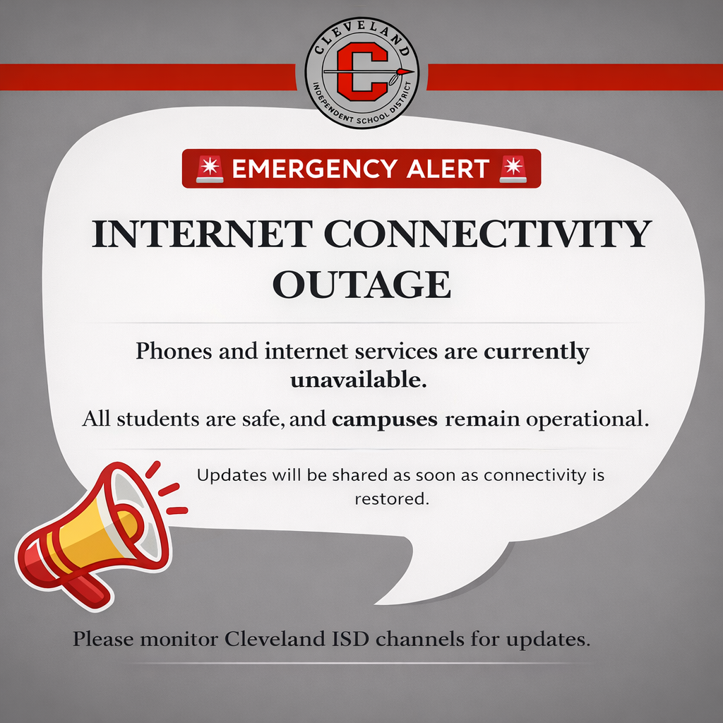An alert on a gray background reads "INTERNET CONNECTIVITY OUTAGE" with a megaphone symbol. It mentions phone and internet services are unavailable, but students are safe and campuses are operational.